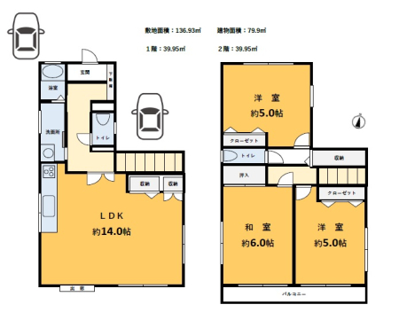 �Ԏ��} �~�n�ʐρF136.93�u�A�����ʐρF79.9�u�@3LDK�@�a6���@�m5���~2�@LDK14��